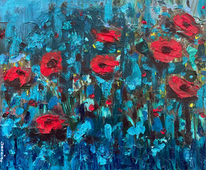 Poppies in a turquoise meadow